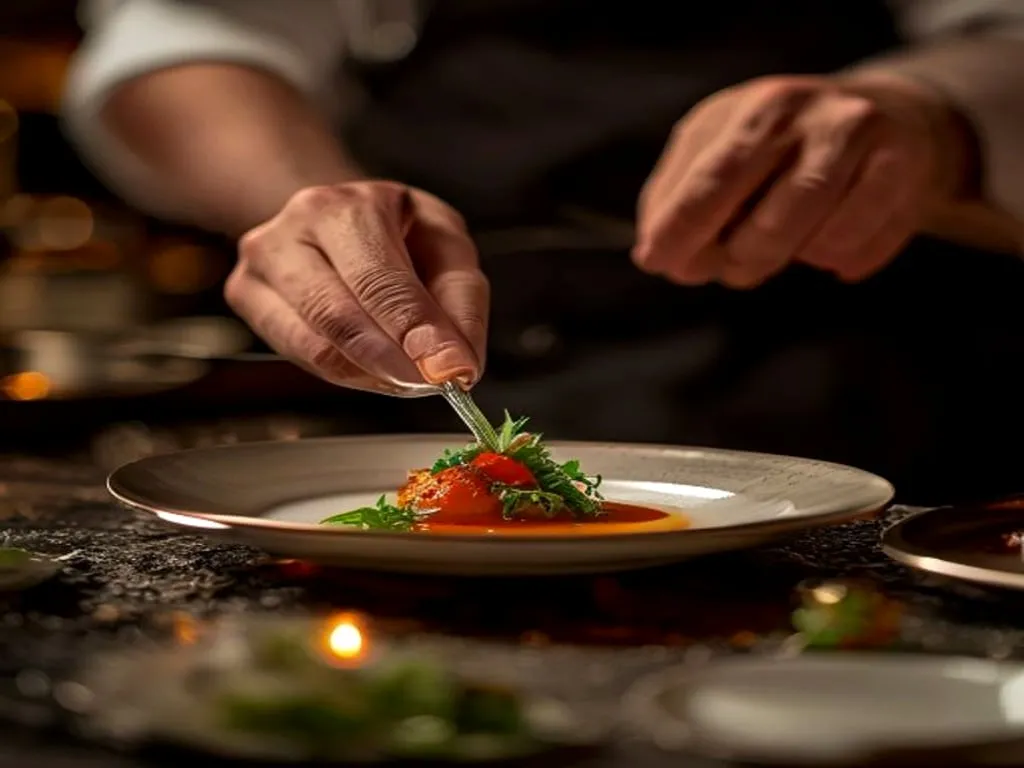 Les mains du chef dressant une assiette au passe