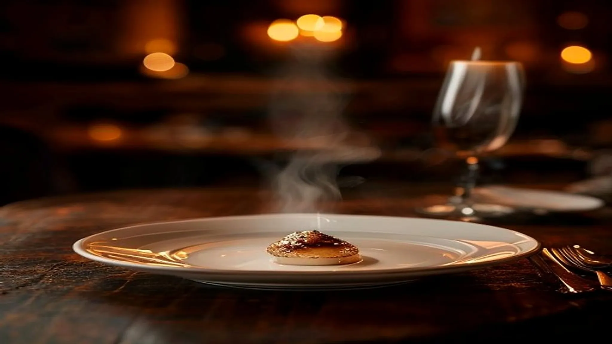 Plat signature dressé dans une assiette, lumière chaude et ambiance tamisée d'un bistrot gastronomique